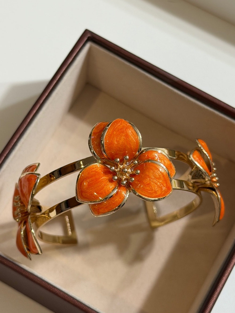 Vintage Golden Orange Oil Dripping Flower Enamel Open Bangle Bracelet Adjustable